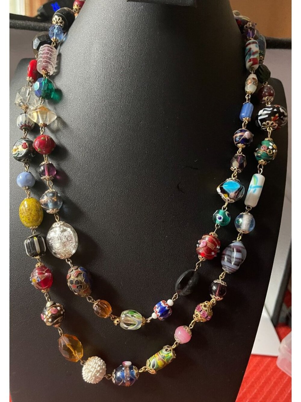 Italian Venetian Millefiori Murano Wedding Cake Art Glass Necklace Gold Silver